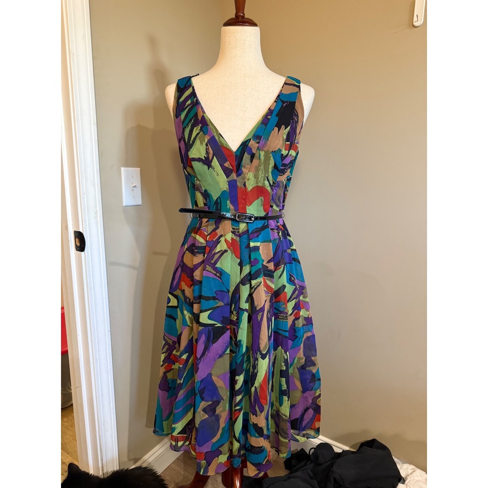Andre Oliver Abstract Print V Neck Sleeveless Belted Midi‎ Dress Womens Size 6